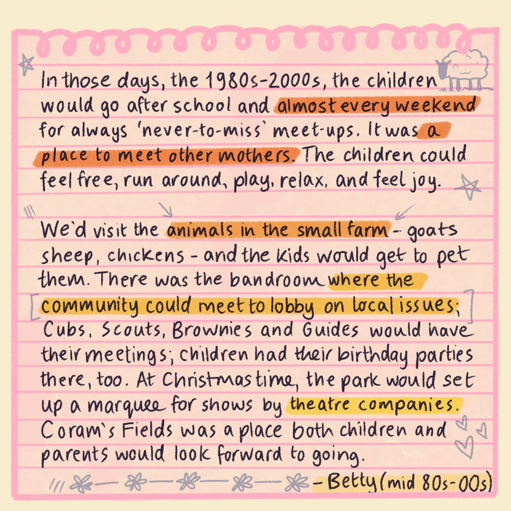 Text reads: In those days, the 1980s-2000s, the children would go after school and almost every weekend for always ‘never-to-miss’ meet-ups. It was a place to meet other mothers. The children could feel free, run around, play, relax, and feel joy. We’d visit the animals in the small farm - goats, sheep, chickens - and the kids would get to pet them. There was the bandroom where the community could meet to lobby on local issues; Cubs, Scouts, Brownies and Guides would have their meetings; children had their birthday parties there, too. At Christmas time, the park would set up a marquee for shows by theatre companies. Coram’s Fields was a place both children and parents would look forward to going. Betty, mid 80s - mid 00s