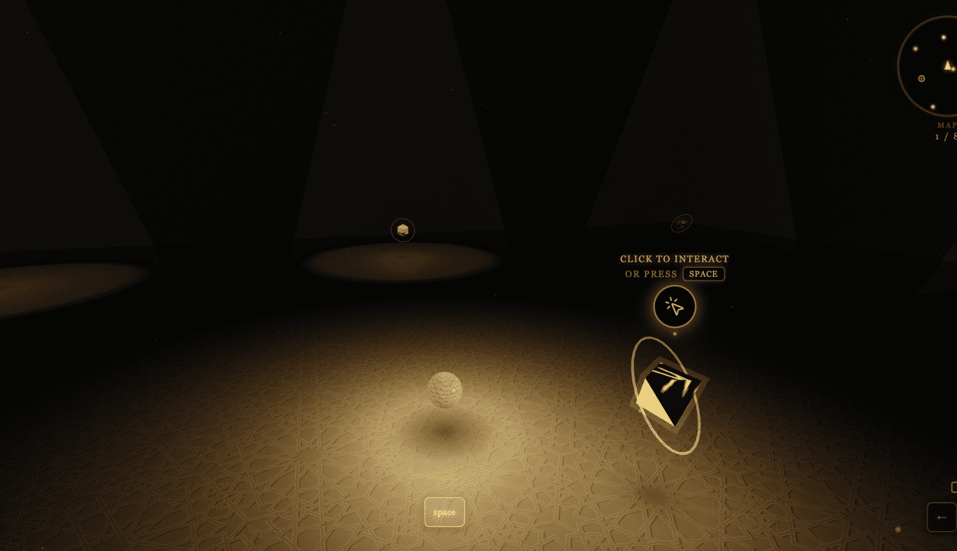 Screenshot taken from Yaqeen digital exhibition, showing palette of warm colours, islamic geometric shapes and soft lighting that denotes the various exhibition spaces