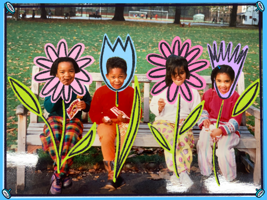 An illustrated image of four young children sitting on a park bench, with flowers that have been illustrated around their heads